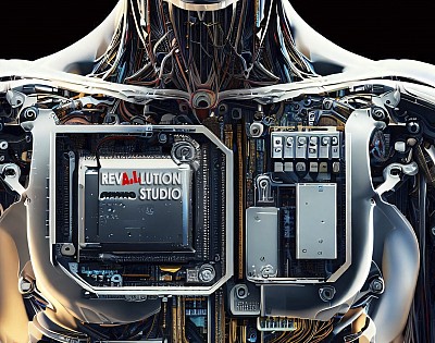 Humanoid robot chest displaying a metal plate on chest with 